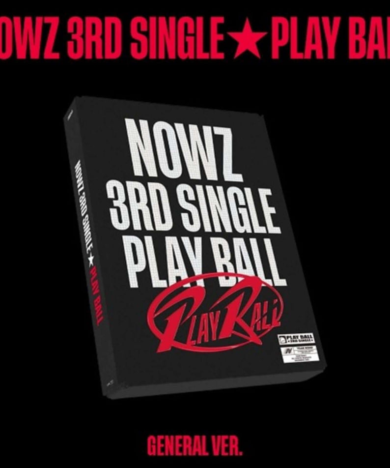 NOWZ - [Play Ball] (General VER.) - Album Kpop : jaquette NOWZ 3rd Single, fond noir, style rouge et noir.