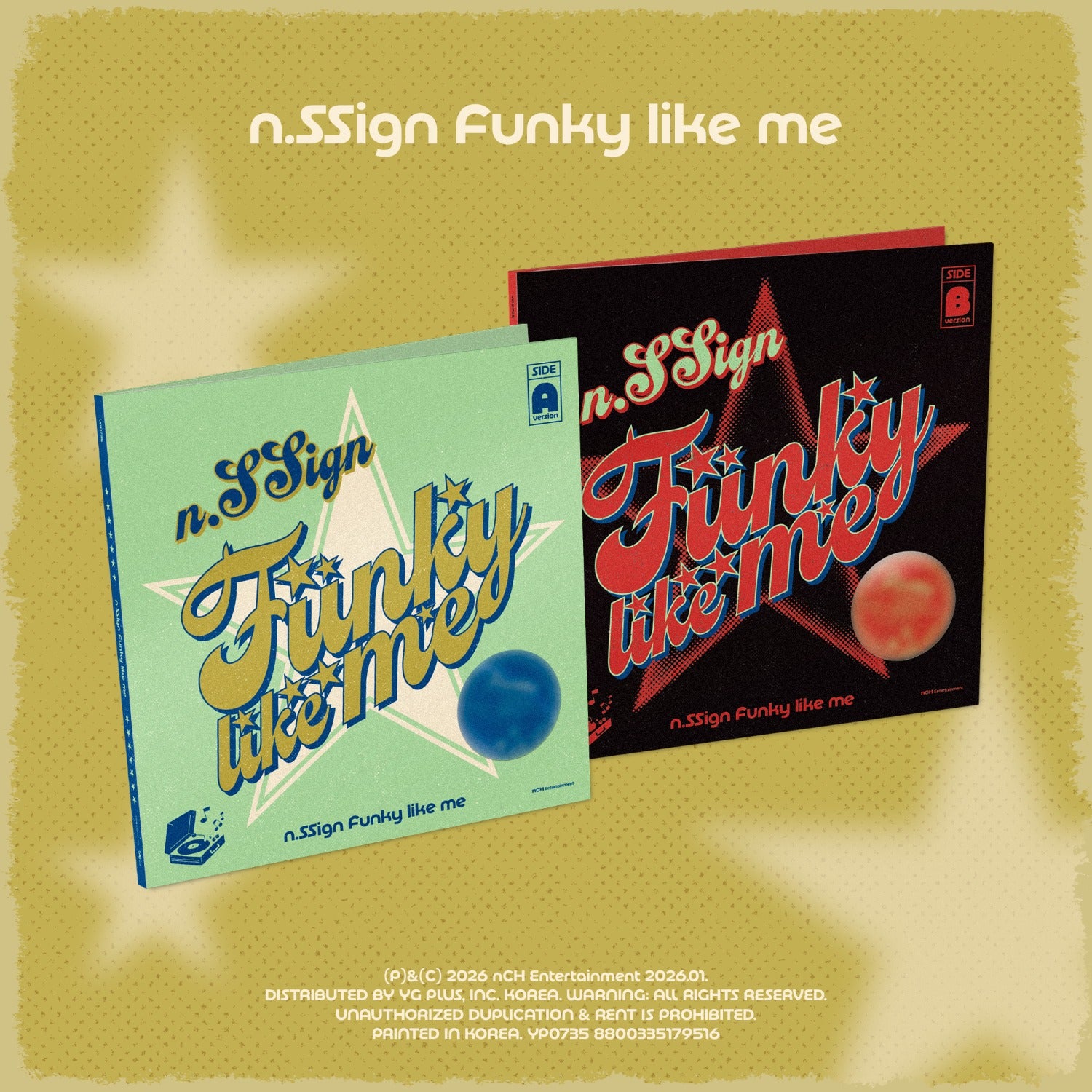 N.SSIGN - Funky like me (Random 1 of 2) - Album Kpop : jaquettes colorées sur fond jaune avec balles, visuel fan.