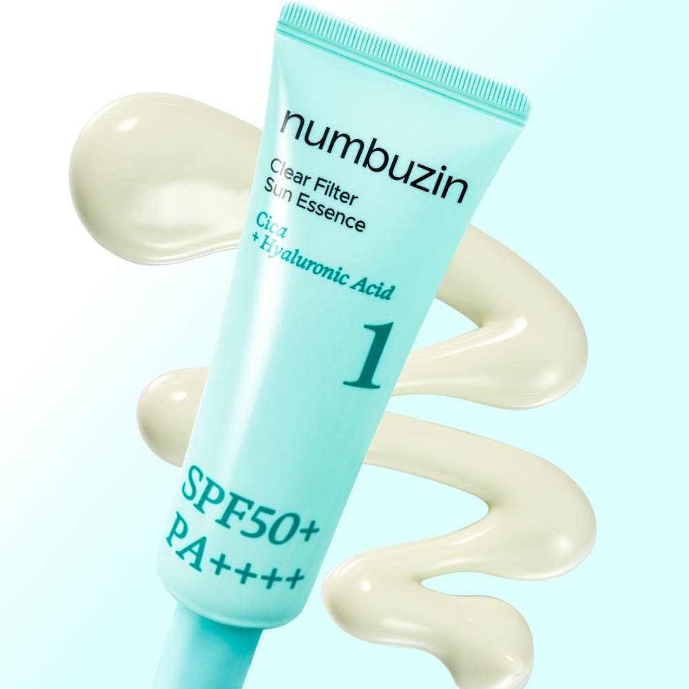 NUMBUZIN No. 1 Clear Filter Sun Essence SPF50+ PA++++50ml, tube bleu sur fond clair avec texture crème