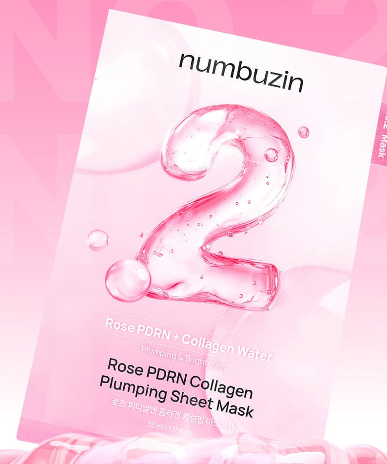 NUMBUZIN No. 2 Rose PDRN Collagen Plumping Mask Pack (5 sheets) – masque visage rose, marque NUMBUZIN, fond rose