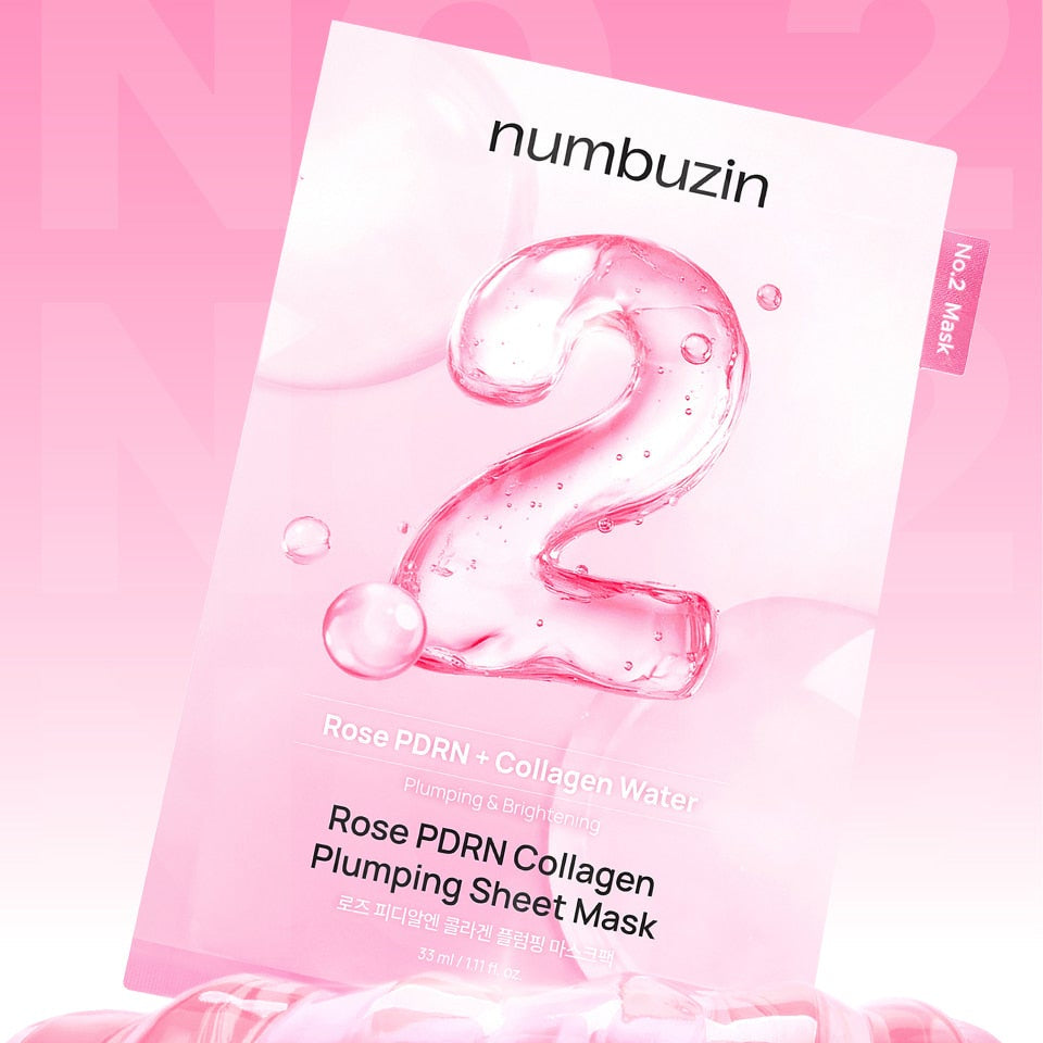 NUMBUZIN No. 2 Rose PDRN Collagen Plumping Mask Pack (5 sheets) – masque visage rose, marque NUMBUZIN, fond rose