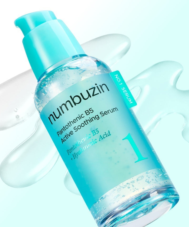 NUMBUZIN No.1 Pantothenic Acid Active Up Soothing Serum 50ml, flacon bleu sur fond clair, en contexte visuel cosmétique.