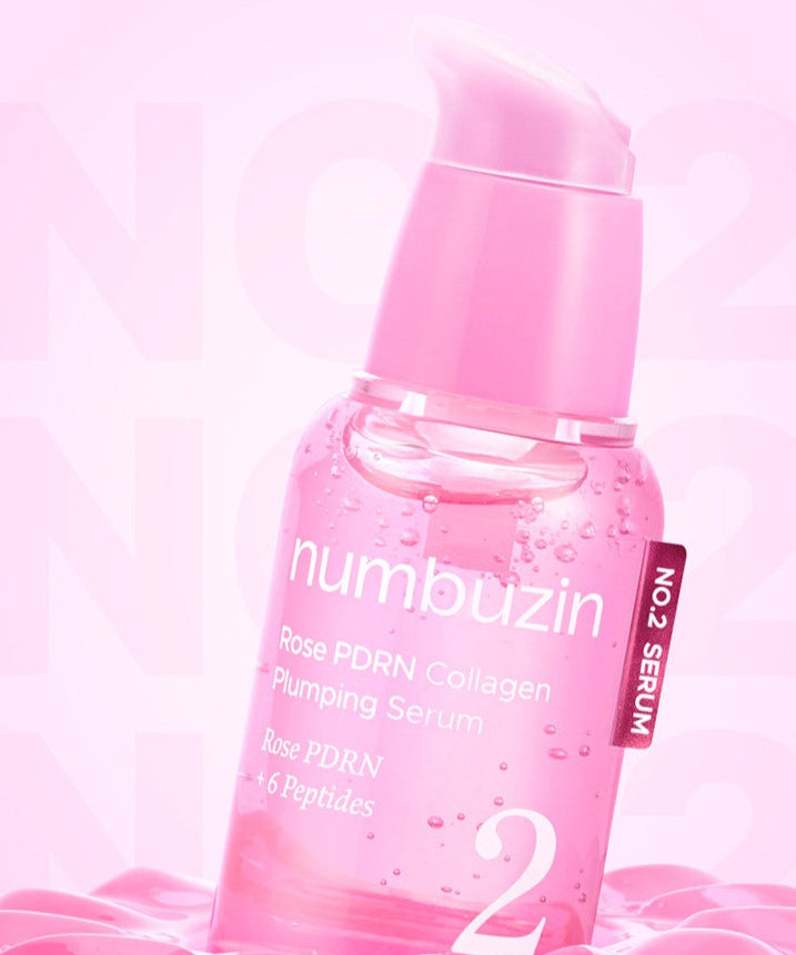 NUMBUZIN No.2 Rose PDRN Collagen Plumping Serum 30ml de la marque Numbuzin, flacon rose en contexte beauté.