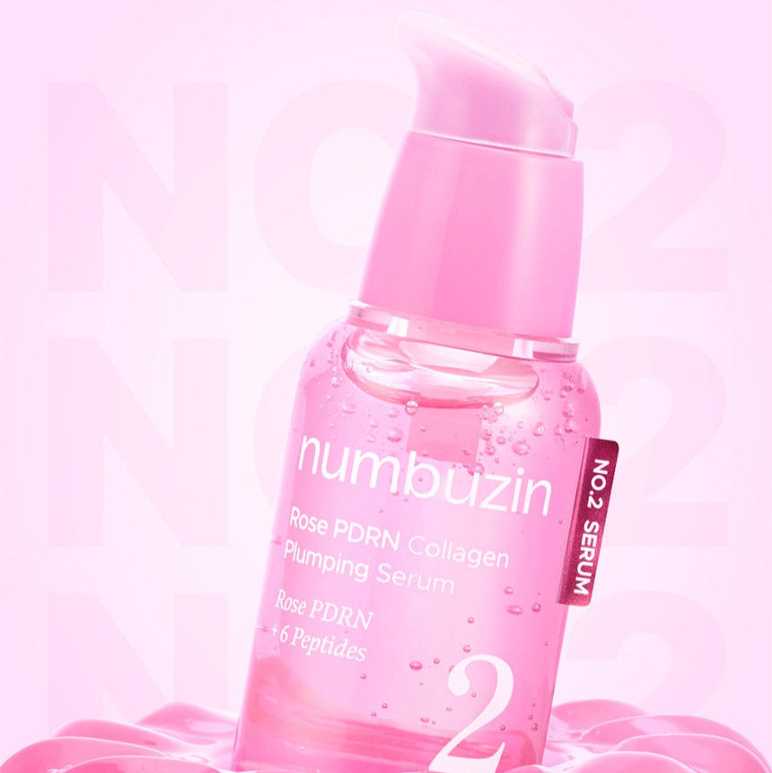 NUMBUZIN No.2 Rose PDRN Collagen Plumping Serum 30ml de la marque Numbuzin, flacon rose en contexte beauté.