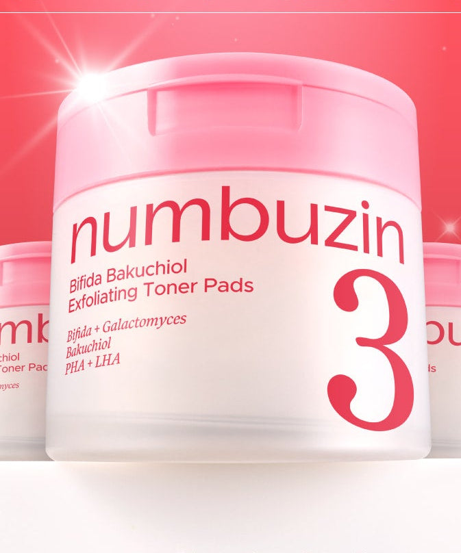 NUMBUZIN No.3 Bifida Bakuchiol Exfoliating Toner Pads, pot crème rose sur fond rouge, style cosmétique lumineux.