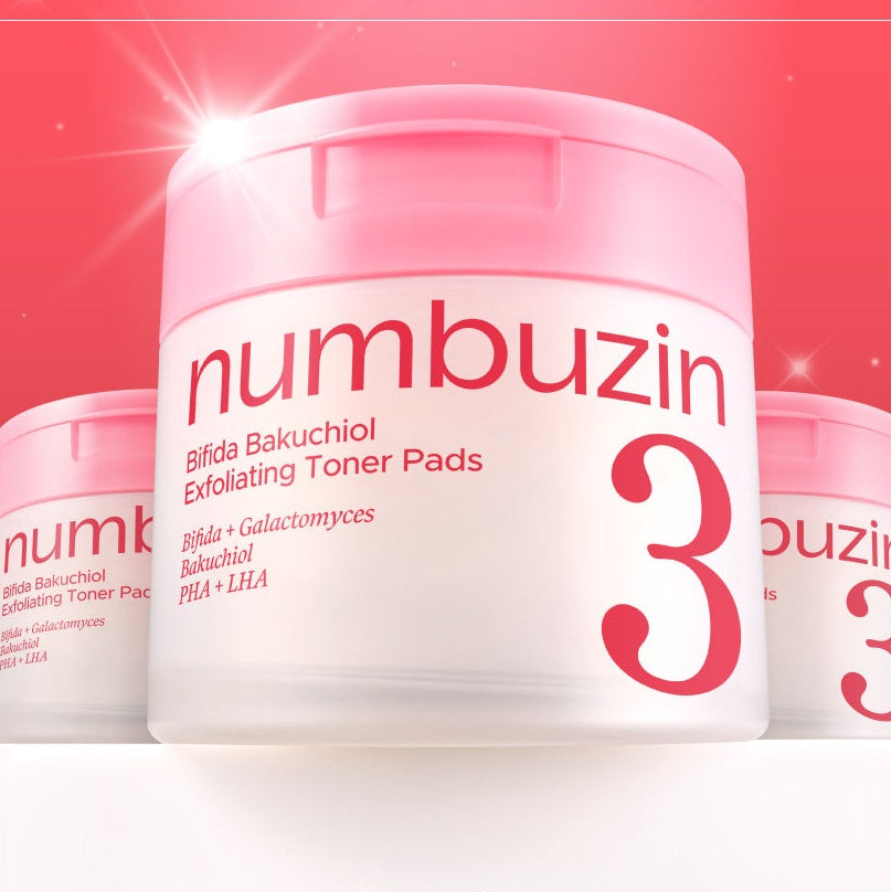 NUMBUZIN No.3 Bifida Bakuchiol Exfoliating Toner Pads, pot crème rose sur fond rouge, style cosmétique lumineux.