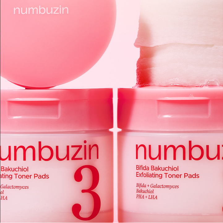 NUMBUZIN No.3 Bifida Bakuchiol Exfoliating Toner Pads, boîtes roses numbuzin et tampons, visuel skincare moderne