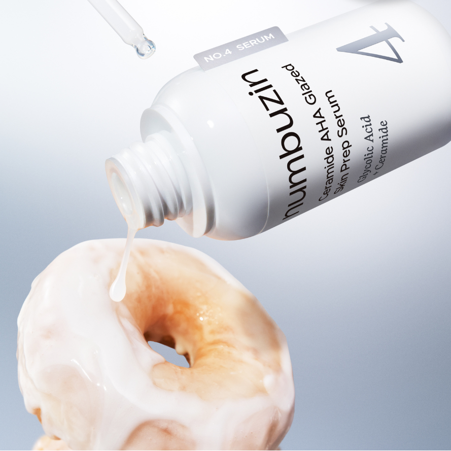 NUMBUZIN No.4 Ceramide AHA Glazed Skin Prep Serum 30ml, flacon sur beignet illustré, sérum gouttant, marque NUMBUZIN