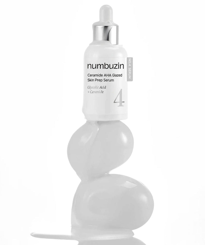 NUMBUZIN No.4 Ceramide AHA Glazed Skin Prep Serum 30ml de la marque numbuzin, flacon blanc sur fond clair.
