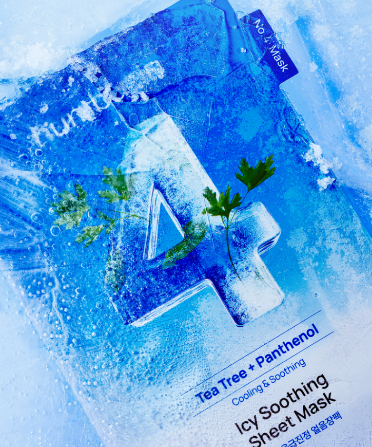 NUMBUZIN No.4 Icy Soothing Sheet Mask 27ml, marque NUMBUZIN, feuille masque sur fond bleu glacé, apaisant.
