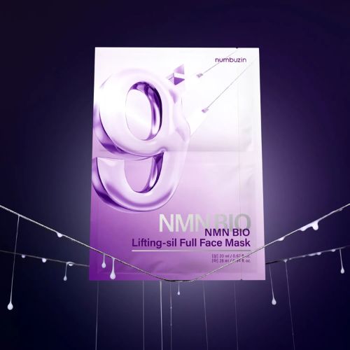 NUMBUZIN No.9 NMN Bio Lifting Full Face Pack 4 sheets, masque visage numbuzin, photo produit sur fond violet.