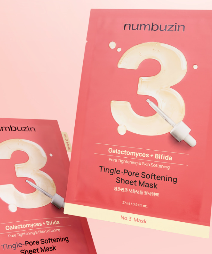 NUMBUZIN Tingle-Pore Softening Sheet Mask 27ml de numBUZIN en pack rose, masque en feuille sur fond clair.