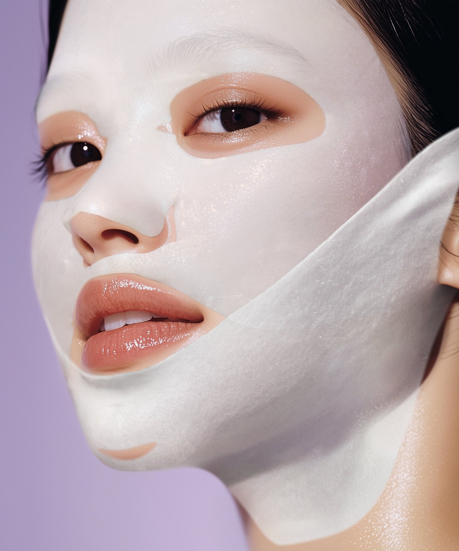 Femme portant le NUMBUZIN No.9 NMN Bio Lifting Full Face Pack 4 sheets pour un soin lifting du visage.