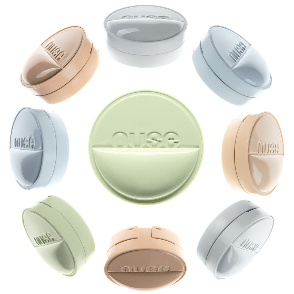 NUSE 1+1 Reju Toning Sun Cushion, coussin solaire NUSE en plusieurs coloris, vue sur fond blanc, packaging produit.