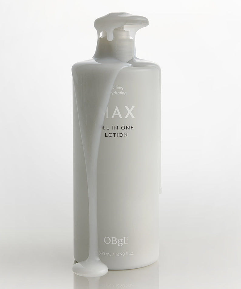 OBGE Max All-in-One Lotion 500ml de la marque OBGE, flacon pompe sur fond clair, visuel produit.