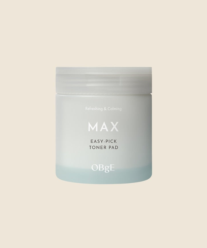 OBGE Max Easy Pick Toner Pad 250ml de la marque OBGE, flacon/boîte sur fond beige, visuel produit cosmétique.