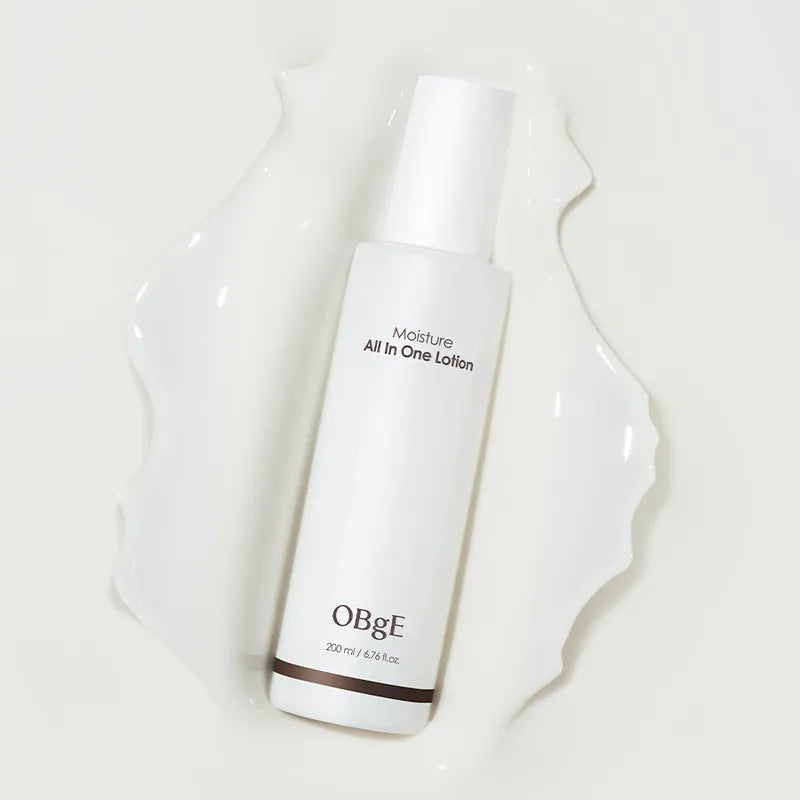 OBGE Moisture All-in-One Lotion 200ml, flacon blanc sur fond clair, texture crème—photo produit OBGE