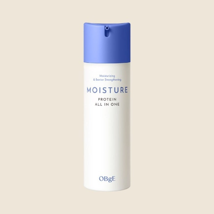 OBGE Moisture Protein All-in-One 150ml, flacon OBGE bleu et blanc sur fond clair, produit cosmétique