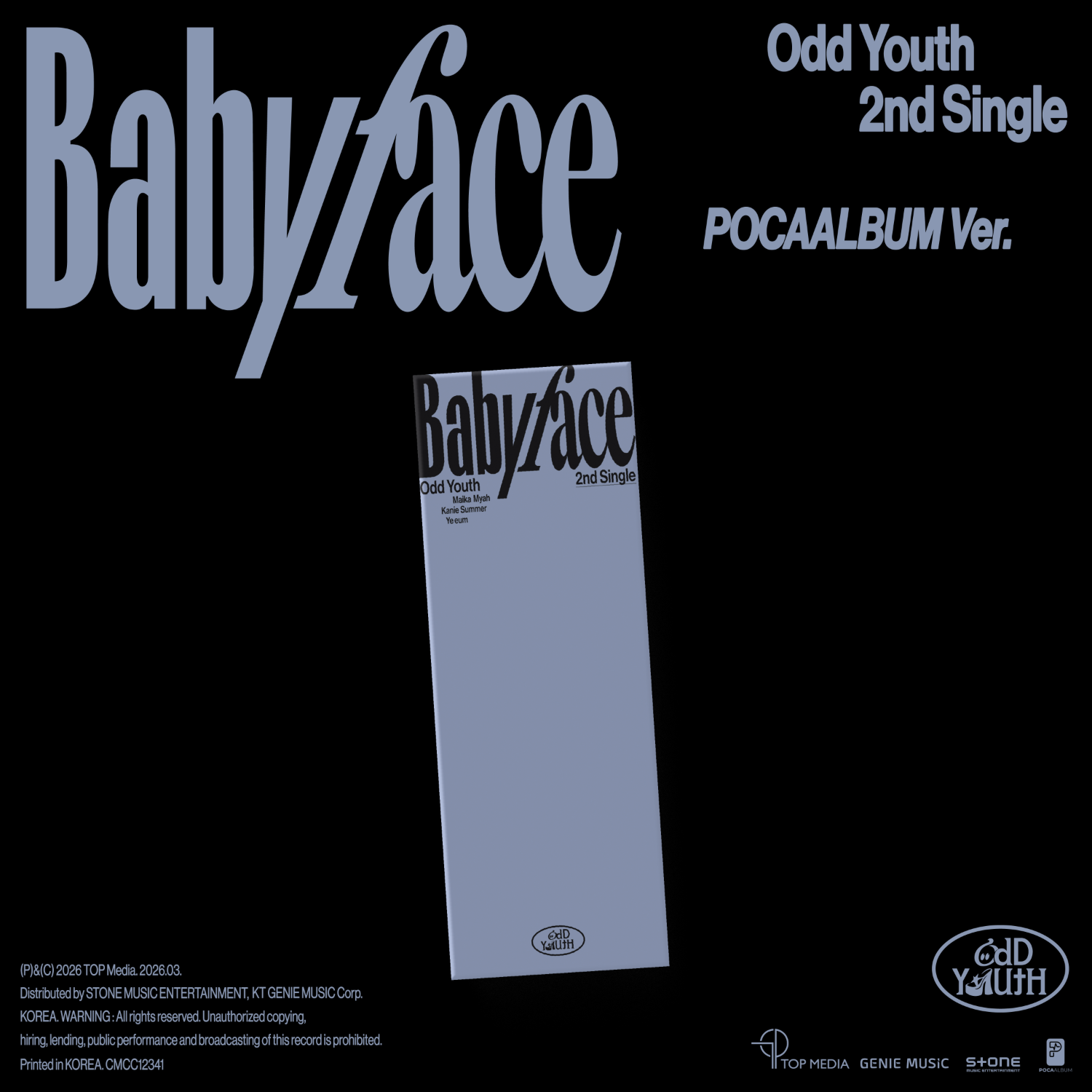 ODD YOUTH - 2nd Single [Babyface] (POCA ALBUM Ver.) - Album Kpop, pochette, design Babyface sur fond sombre, Odd Youth