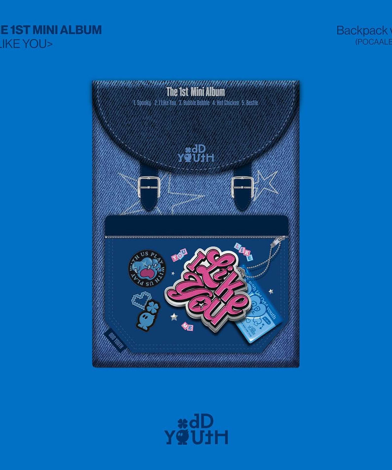 ODD YOUTH - THE 1ST MINI ALBUM [I LIKE YOU] (Backpack ver.) - Album Kpop, pochette et sac à dos bleu sur fond bleu.