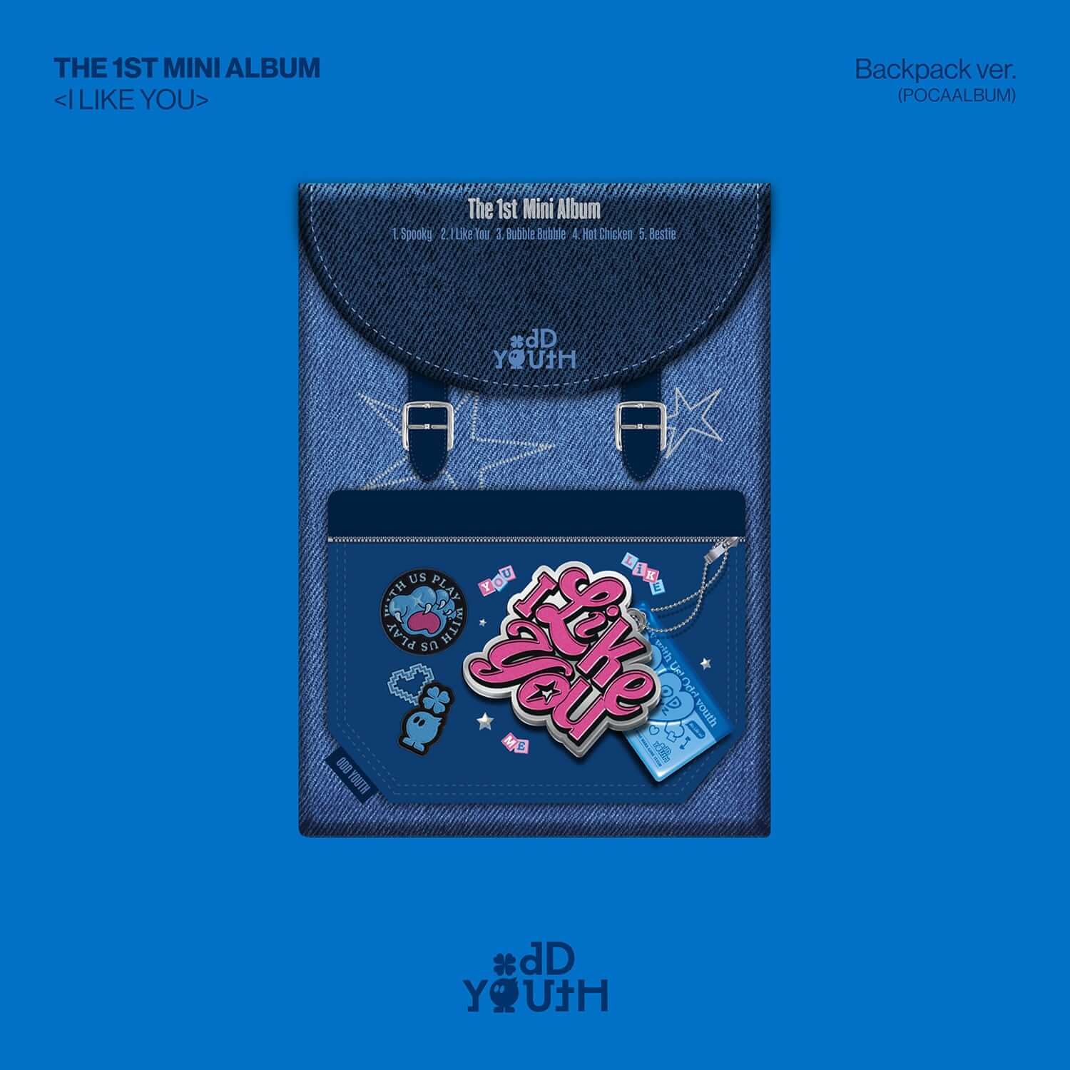 ODD YOUTH - THE 1ST MINI ALBUM [I LIKE YOU] (Backpack ver.) - Album Kpop, pochette et sac à dos bleu sur fond bleu.