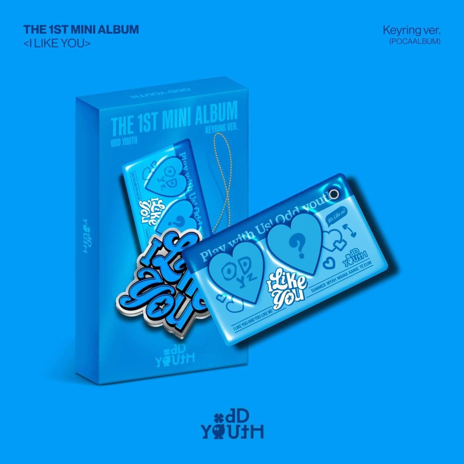 ODD YOUTH - THE 1ST MINI ALBUM [I LIKE YOU] (Keyring ver.) - Album Kpop : visuel bleu, boîtier et porte-clés.