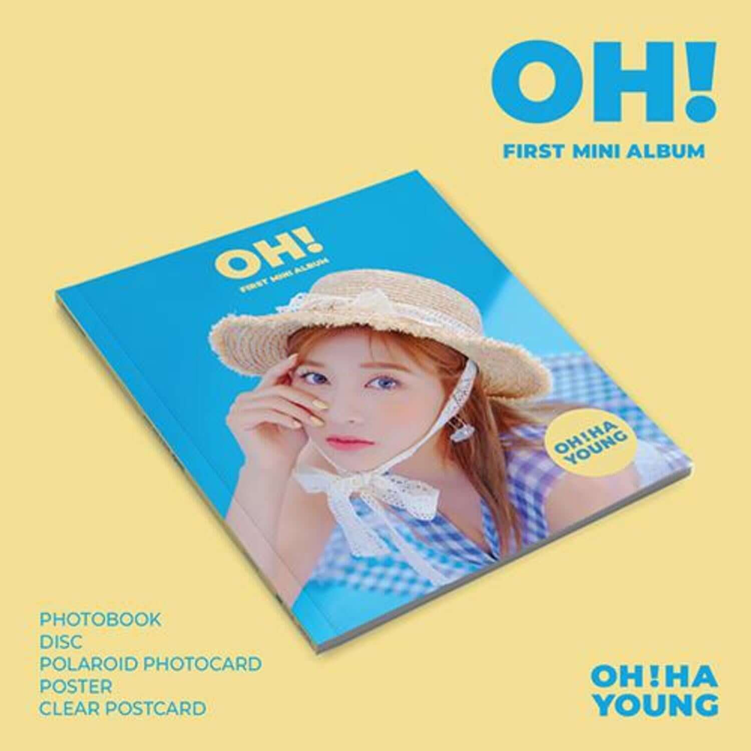 OH HAYOUNG - 1st Album [OH!] - Album Kpop : couverture bleu avec photo d’OH! HAYOUNG, disque et photocard sur fond jaune.