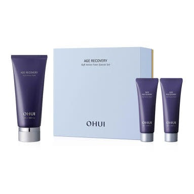 OHUI Age Recovery Soft Amino Foam Plan 180 mL de la marque OHUI, coffret et tubes sur fond clair.