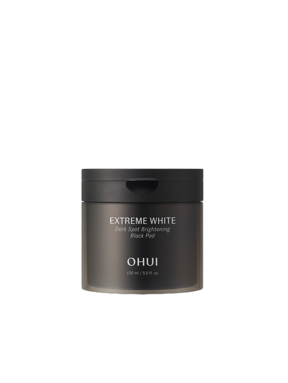 OHUI Extreme White Dark Spot Brightening Black Pad 150ml, pot noir sur fond noir, éclaircissant taches, cosmétique OHUI
