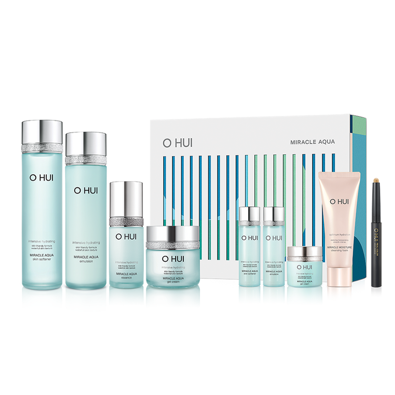 OHUI Miracle Aqua Set (Skin Softener, Emulsion, Essence, Gel Cream, Hyaluronic Water Patch) disponible sur Ma petite Coree, ton Eshop 100% K-beauty en direct de Seoul