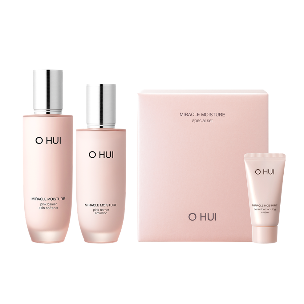 OHUI Miracle Moisture Pink Barrier Basic set (Softener, Cream, Emulsion) disponible sur Ma petite Coree, ton Eshop 100% K-beauty en direct de Seoul