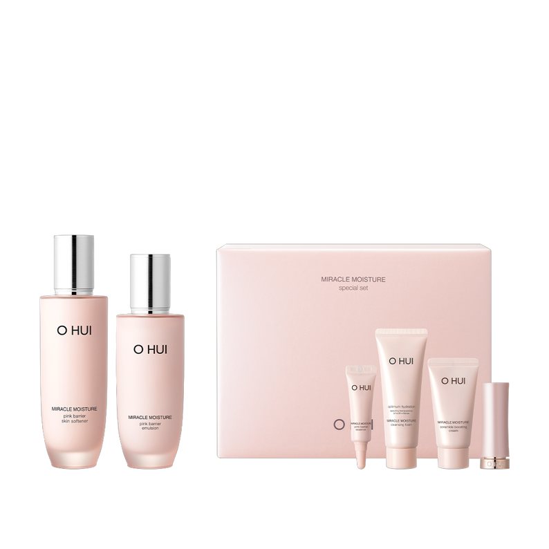 OHUI Miracle Moisture Pink Barrier Special Set (Softener, Cream, Foam, Emulsion, Essence, Mini Lipstick) disponible sur Ma petite Coree, ton Eshop 100% K-beauty en direct de Seoul