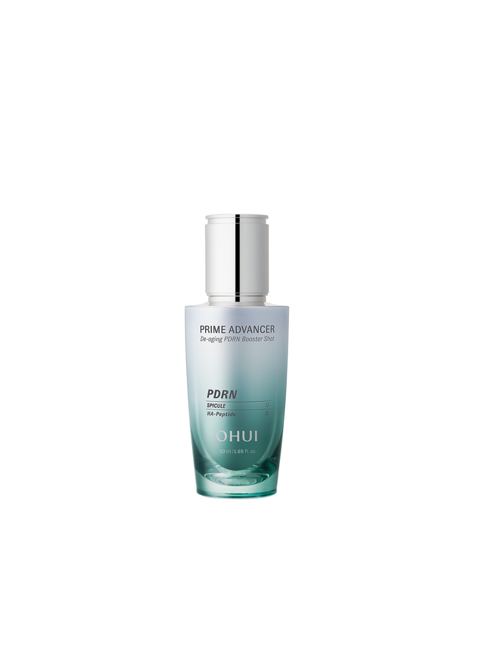 OHUI Prime Advancer De-Aging PDRN Booster Shot 50ml sur fond sombre, flacon cosmétique OHUI en gros plan.