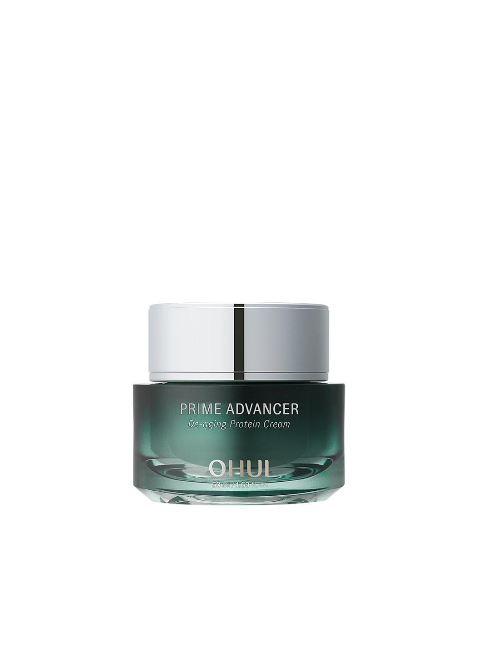 Décris l'image en français : OHUI Prime Advancer De-Aging Protein Cream 50ml, pot crème sur fond noir, marque OHUI.