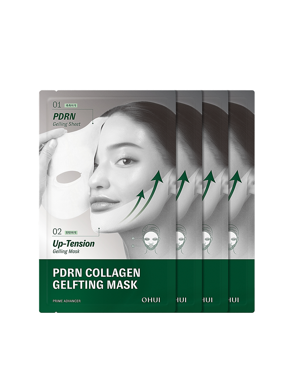 OHUI  Prime Advancer PDRN Collagen Gel Lifting Mask 4-Piece, masques PDRN en gel sur fond noir, visuel produit