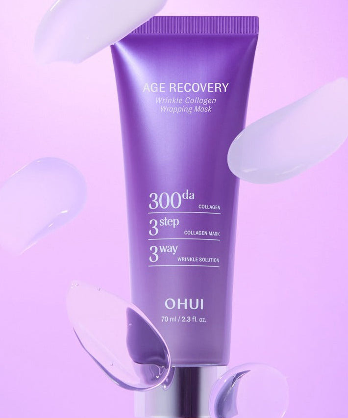 Masque OHUI Age Recovery Collagen Wrapping 70ml sur fond violet élégant
