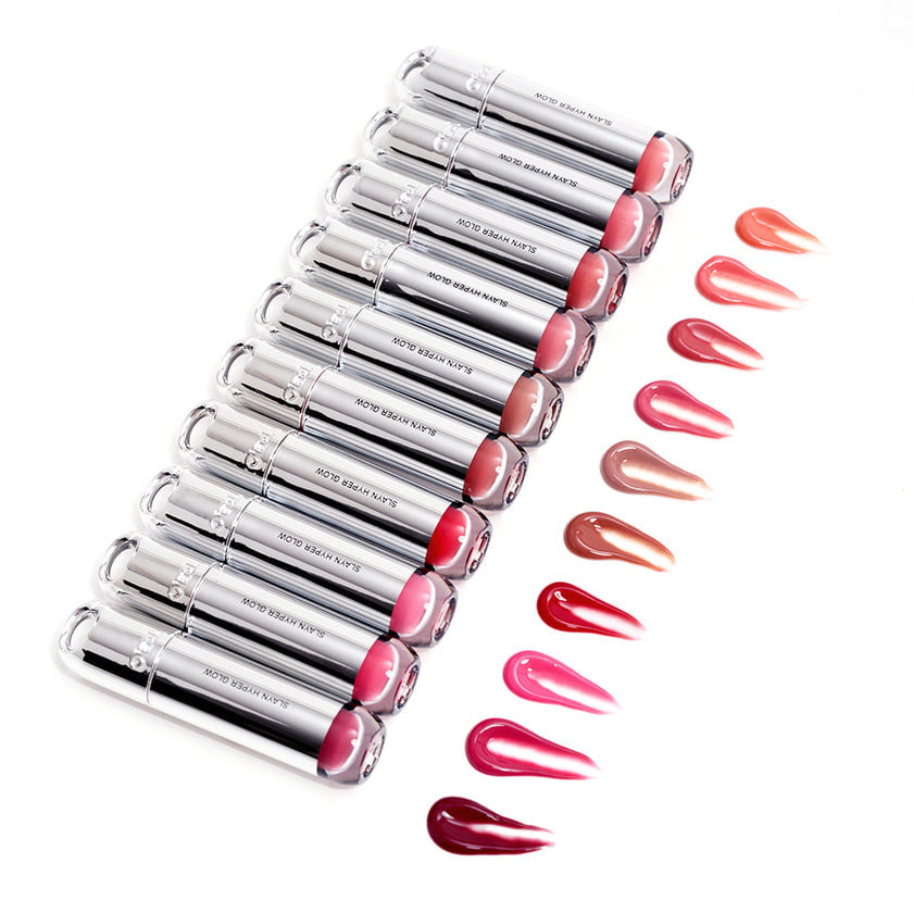 OIAD Slayn Hyper Glow 10 colors, marque OIAD, 10 teintes de gloss sur fond blanc, reflets brillants.