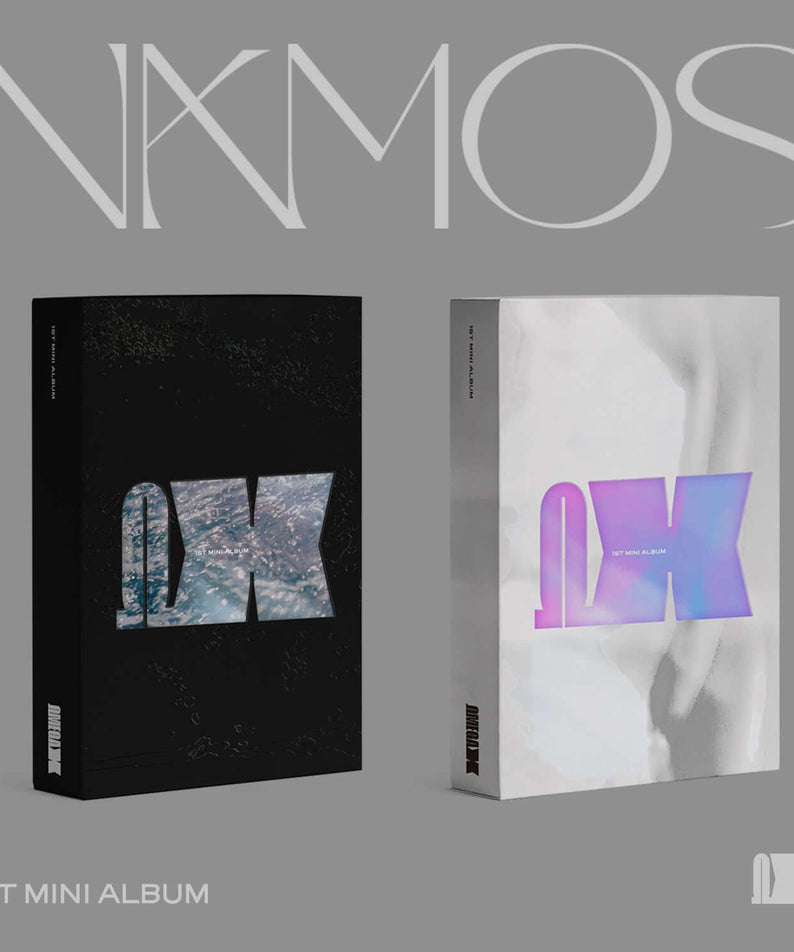 OMEGA X - 1ST MINI ALBUM [VAMOS](O + X Ver.) - Album Kpop, jaquettes noir/clair, visuels modernes sur fond gris.