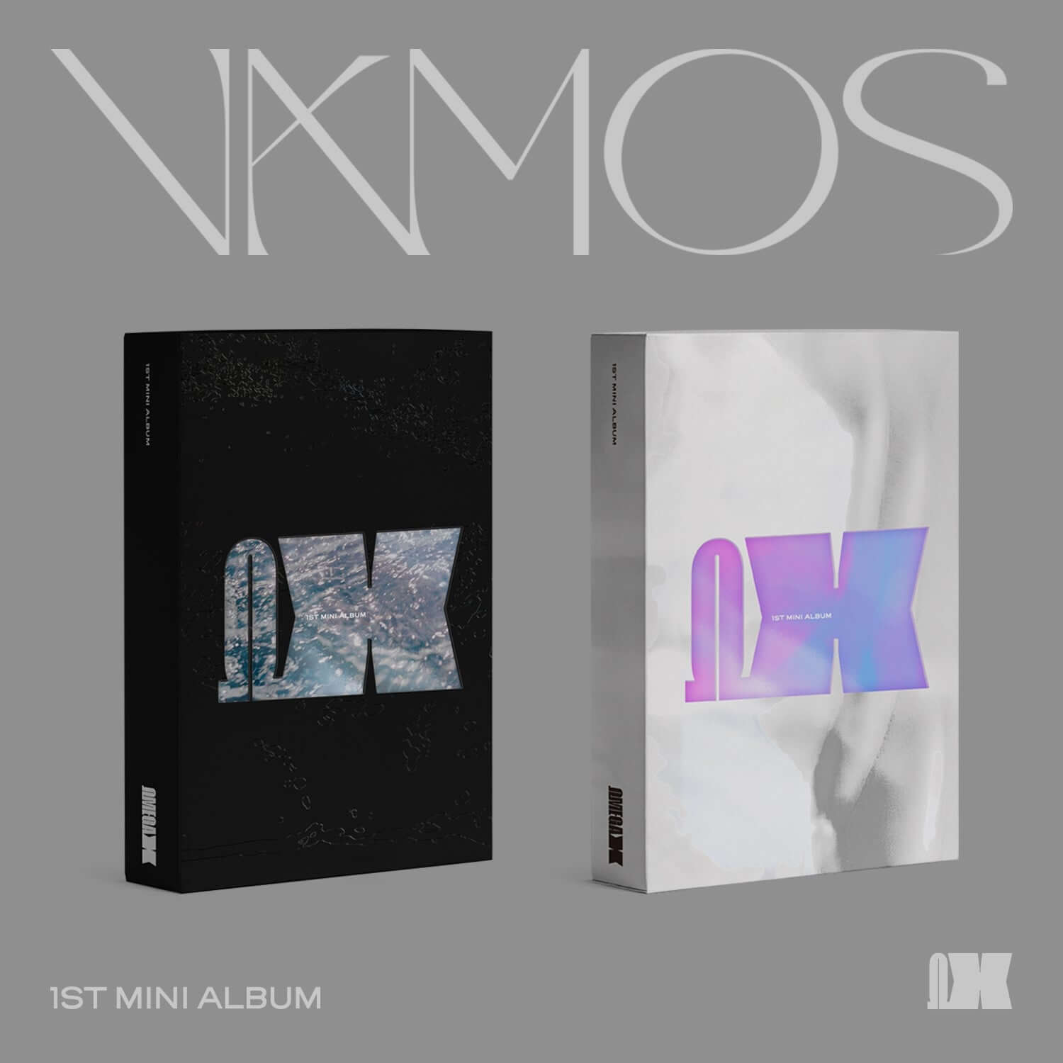 OMEGA X - 1ST MINI ALBUM [VAMOS](O + X Ver.) - Album Kpop, jaquettes noir/clair, visuels modernes sur fond gris.