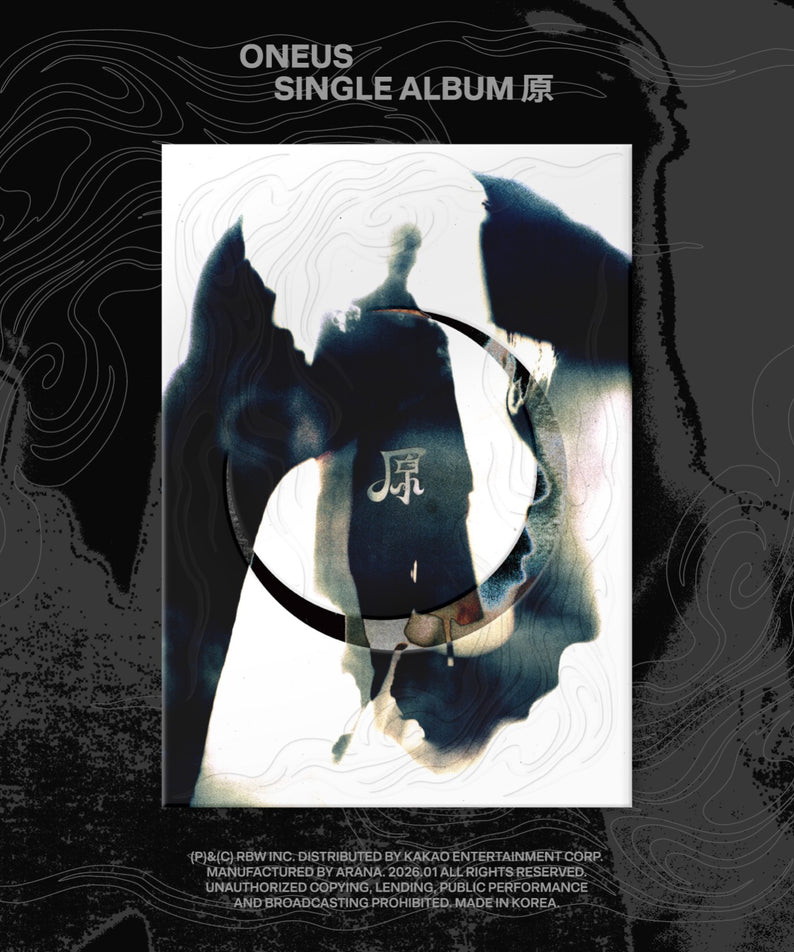 ONEUS - SINGLE ALBUM [原] - Album Kpop, visuel cover sombre avec silhouettes et typographie, album ONEUS sur fond noir.