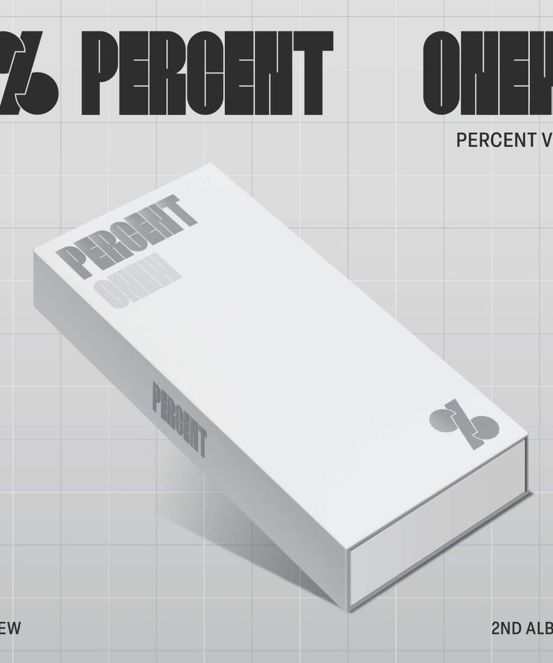 ONEW - 2nd Full Album PERCENT (PERCENT Ver.) - Album Kpop, visuel couverture carton blanc et bleu, boîte affichée.