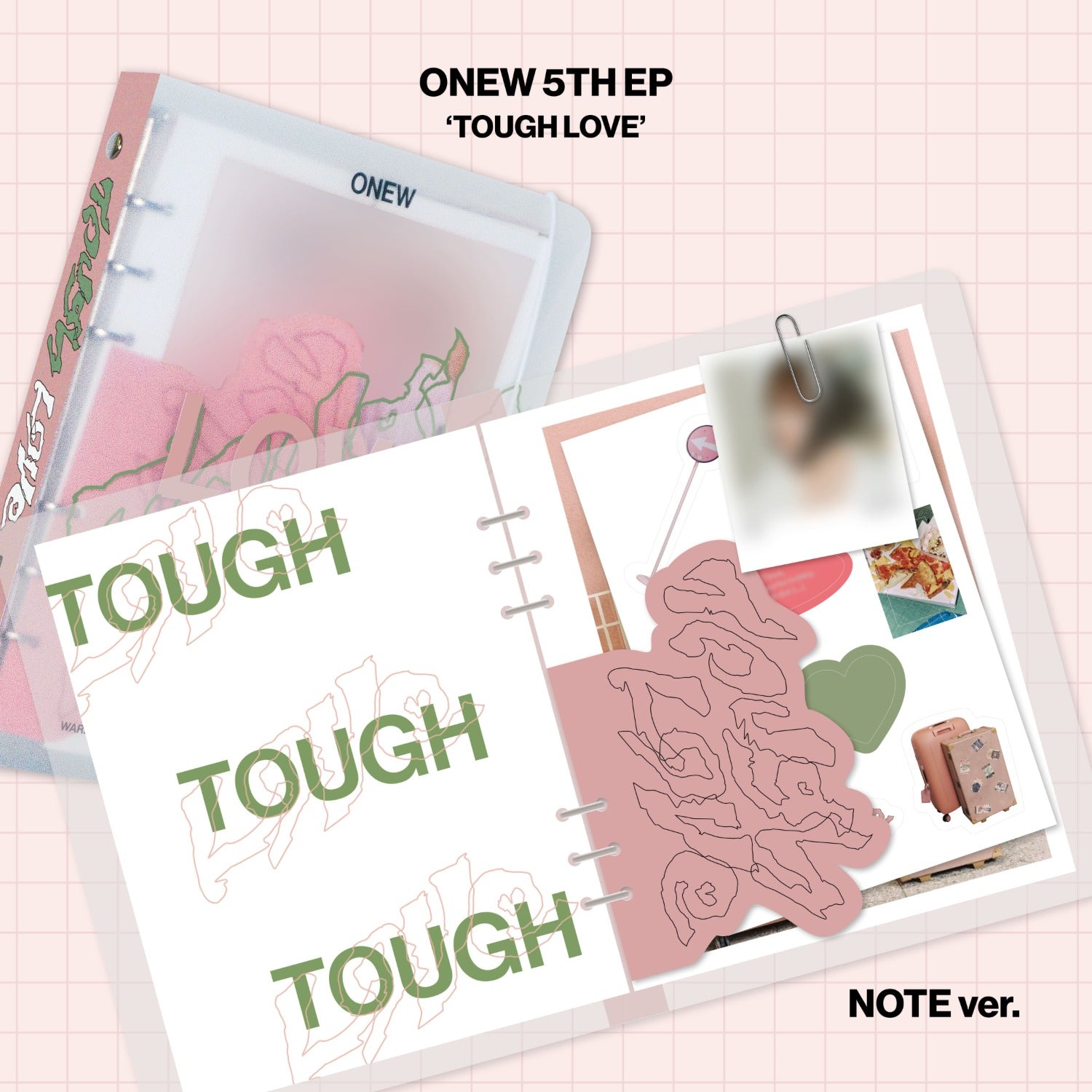 ONEW - 5th Mini Album [TOUGH LOVE] (NOTE Ver.) - Album Kpop ONEW, visuel packs rose/notes, couverture et photos sur fond graphique
