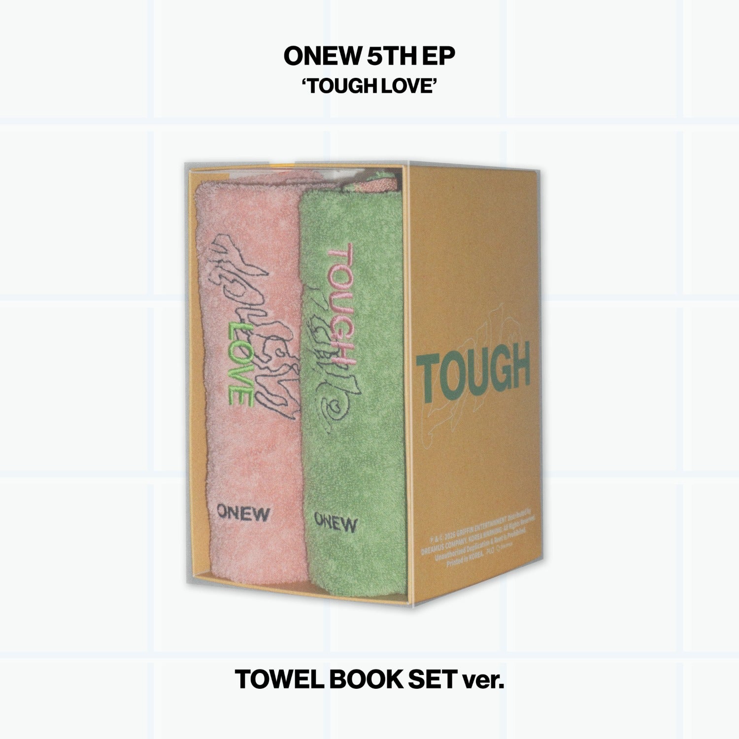 ONEW - 5th Mini Album [TOUGH LOVE] (TOWEL BOOK SET Ver.) - Album Kpop, coffret ONEW avec serviette, sur fond clair.