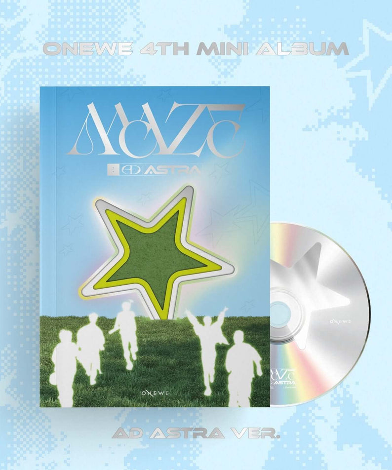 ONEWE - 4th Mini Album [MAZE : AD ASTRA] (AD ASTRA ver.) - Album Kpop, pochette bleue et CD avec silhouettes vertes, studio.