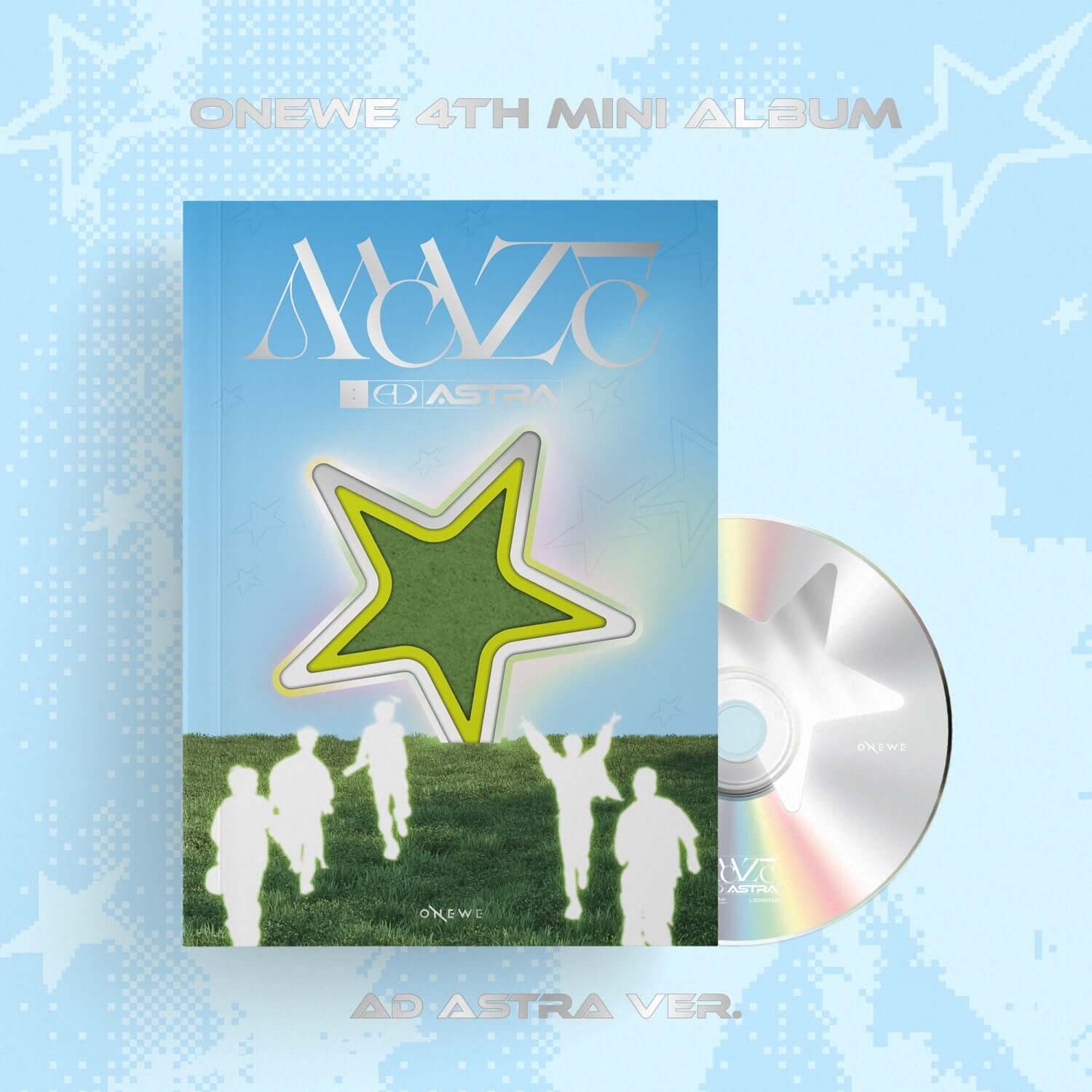 ONEWE - 4th Mini Album [MAZE : AD ASTRA] (AD ASTRA ver.) - Album Kpop, pochette bleue et CD avec silhouettes vertes, studio.