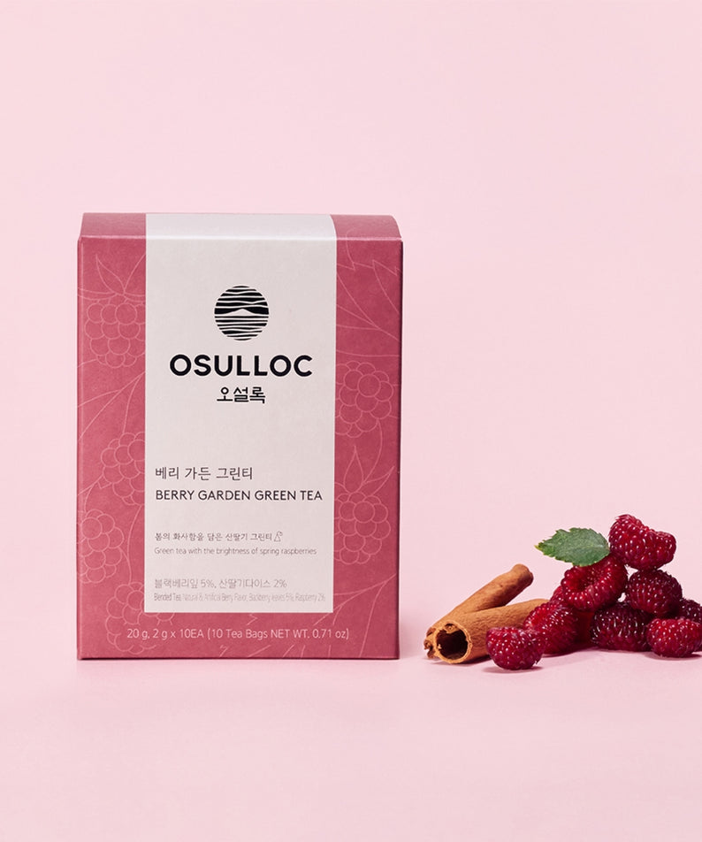 OSULLOC Berry Garden Green Tea 10 P : boîte et baies rouges sur fond rose, ambiancе jardin fruité
