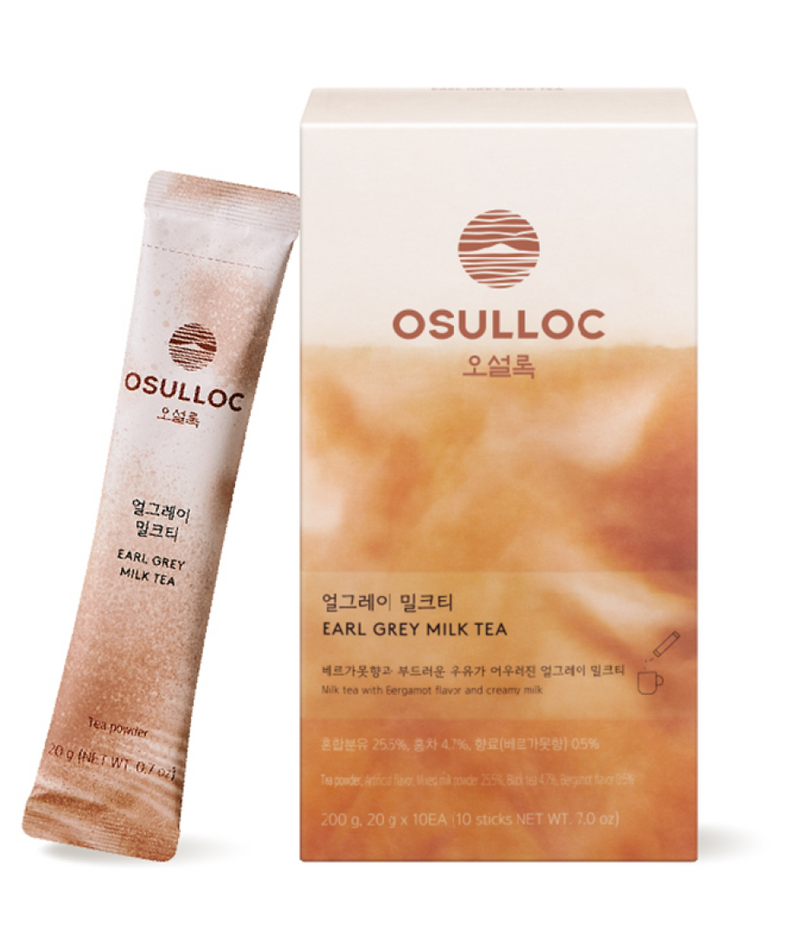 OSULLOC Earl Grey Milk Tea 10 p : boîtes et sachet, thé au lait Earl Grey, visuel produit sur fond clair.