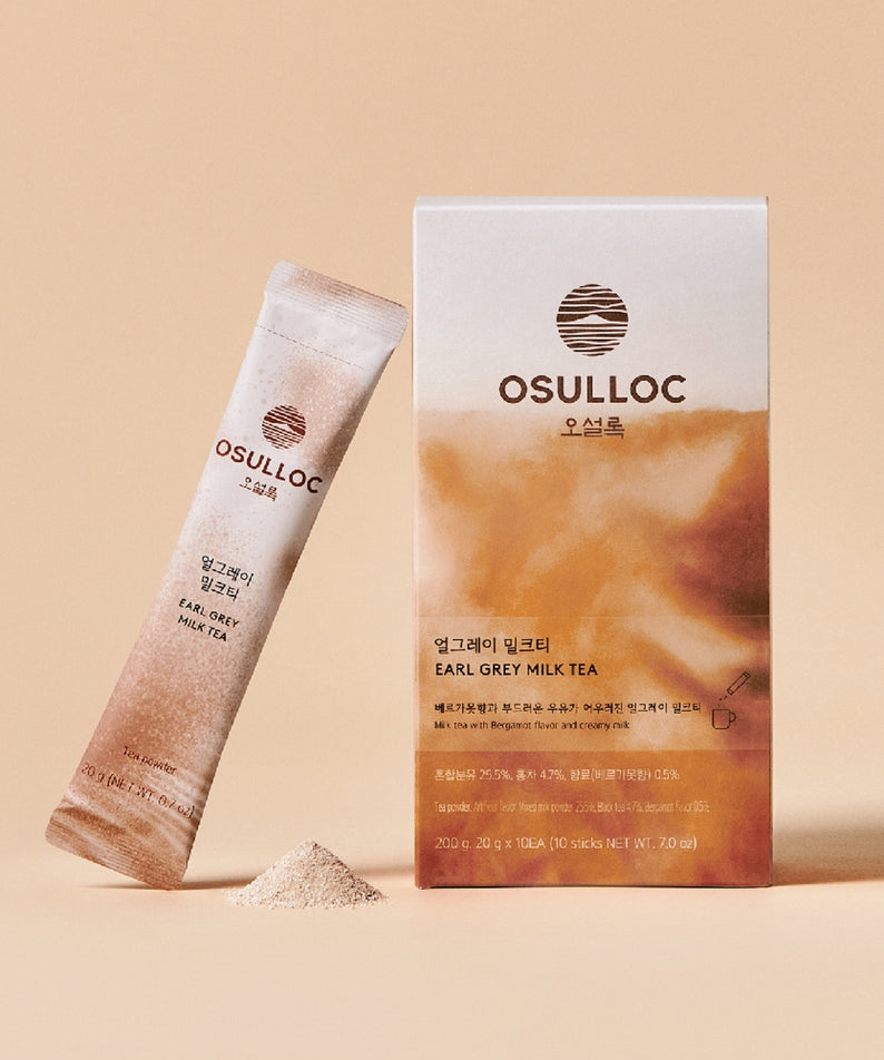 OSULLOC Earl Grey Milk Tea 10 p : sachet et boîtier sur fond beige, marque OSULLOC, infusion Earl Grey au lait.