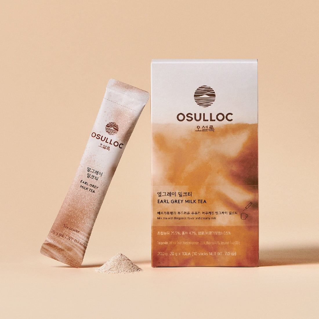 OSULLOC Earl Grey Milk Tea 10 p : sachet et boîtier sur fond beige, marque OSULLOC, infusion Earl Grey au lait.