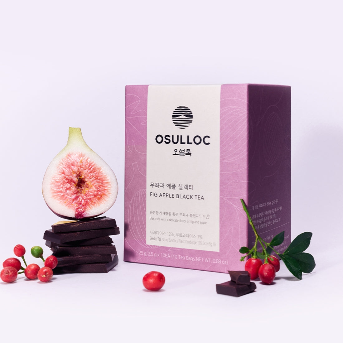 OSULLOC Fig Apple Black Tea 10 P, marque OSULLOC, sachets avec figue et pommes, fond clair, décors fruits et chocolat